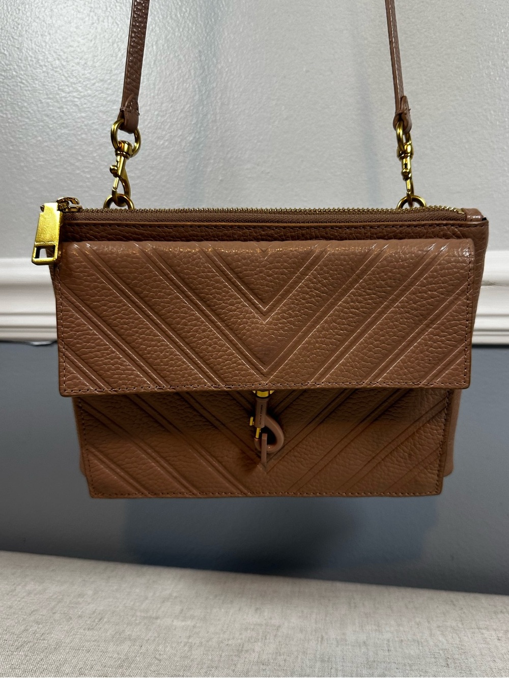Rebecca Minkoff Edie Embossed Leather Crossbody Bag - Tan/Blushing